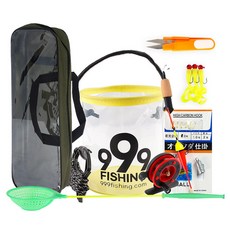 999Fishing 便攜式冰釣迷你釣竿單人套組, 黃色(誘餌桶), 隨機出貨(軟蟲, 編織線剪, 撈冰網)