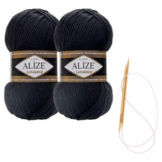 alize 라나골드 뜨개실 100g x 2p 목도리 패키지 도안 및 대바늘, 60, 1개