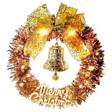 摩達客 金蔥彎絲聖誕花圈 + 20燈LED暖白光燈串, 優雅香檳玫金系, 1個