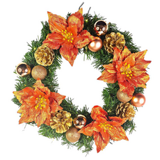 摩達客 耶誕 浪漫朵朵聖誕花豪華綠色聖誕花圈福臨圈, 珊瑚紅橙金系, 1個