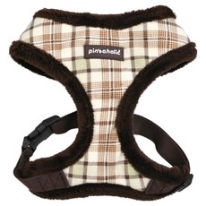 핑카홀릭 반려동물 입기 편한 체크무늬 털안감 하네스, 브라운, 1개
