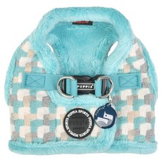 퍼피아 강아지 포근한 퍼 안감 큐브 체크 조끼형 하네스, 아쿠아, 1개