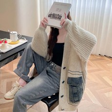 Chichills 女款丹寧口袋V領針織開襟衫 01020 T