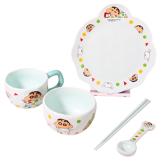 MTuTU 萌兔兔 蠟筆小新 陶瓷單人餐具 五件組, 白色, 1套, 餐盤 + 湯匙 + 筷子 + 碗 + 杯子