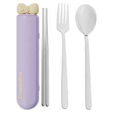 Couselect 304不鏽鋼蝴蝶結便攜餐具3件組, 紫色, 1套, 叉子 + 勺子 + 筷子