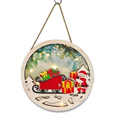MODACore 摩達客 圓形木質彩繪造型吊飾 含燈暖白光 交換禮物耶誕派對佈置, 聖誕老公公拉雪橇, 1個