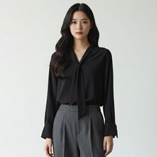 marketpia 春季V領雪紡長袖綁帶襯衫