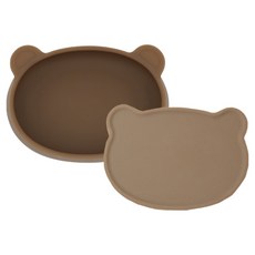 모두아이 유아용 실리콘 곰플레이트 + 뚜껑 세트, 브라운, 1세트