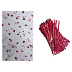 TINA PICNIC 甜點包裝 草莓圖案袋 10 x 16 cm + 紅色格紋束帶組合, 100套