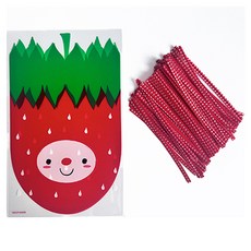 TINA PICNIC 甜點包裝 草莓圖案袋 + 紅色格紋束帶組合, 50套