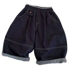 EYOUMONG 兒童寬版丹寧鬆緊帶撞色格紋反摺長褲 E6S284