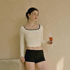 HERRINGBONE apparel 方領蝴蝶結長袖短版罩衫比基尼泳裝上下身套裝 CJ106, 象牙白