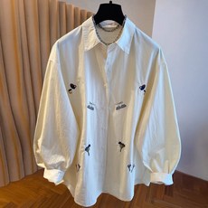 peilit 女款大尺碼刺繡圖案寬鬆棉質襯衫