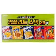 CROWN 皇冠 綜合零食5種 x 4入組, 1套, 玉米脆片 4入 + Jolly Pong 4入 + 玉米脆片甜玉米 4入 + 焦糖玉米花生 4入 + 蠟筆小新 4入