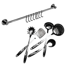 Everyweek 免鑽孔全不鏽鋼廚具掛架 8鉤 50cm + 廚具5件組, 1套, 銀色