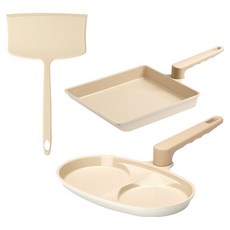 Truecook 電磁爐IH大型玉子燒鍋 煎蛋鍋 陶瓷雙格雞蛋鍋 矽膠鍋鏟 3件組, 巨型玉子燒鍋 + 巨型鍋鏟 + 雙格雞蛋鍋, 1套, 米色