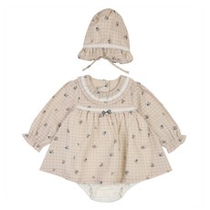 ETTOI 新生兒用 Adeline 格紋棉質連身衣 + 帽子套組