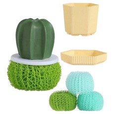 Habibi 仙人掌廚房洗碗刷 + 瀝水收納盒 + 3入補充清潔刷組, 綠色(刷子), 黃色(收納盒), 漸層綠色(補充清潔刷), 1套