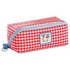 체크패턴 패브릭 대용량수납 필통, 1個, 紅色