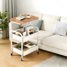 프란다스 바퀴달린 이동식 철재 가정용 360도 회전 트롤리, 원목 화이트, 3단