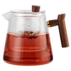 발룬피니 내열유리 우드핸들 차 거름망 티포트 티메이커, 혼합색상, 1개, 920ml