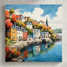 北歐港口城市風景帆布畫框 7 Moonlight Village, 白色