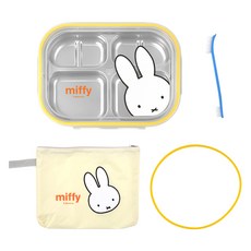 kitchen U 白色米菲不鏽鋼餐盤便當袋組 4格, 混合顏色, 1套, 4格餐盤便當 + 袋子 + 矽膠密封圈 + 清潔刷