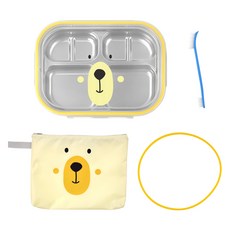 kitchen U 小熊不鏽鋼餐盤便當袋4格組, 混合顏色, 1套, 餐盤4格 + 便當袋 + 矽膠密封圈 + 清潔刷