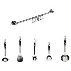 Everyweek 免鑽孔全不鏽鋼廚房料理工具掛架 42cm 7掛鉤 + 料理工具5件組, 1套, 銀色