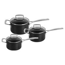 LE CREUSET 玻璃鍋蓋 TNS塗層單柄鍋 3件組, 黑色, 1套, 16cm + 18cm + 20cm