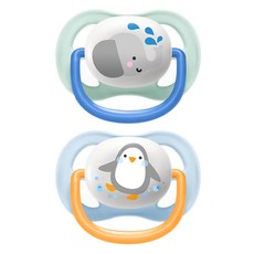 PHILIPS 飛利浦 AVENT 新安怡 透氣安撫奶嘴 動物造型 SCF080-05, 0~6個月, 大象 + 企鵝, 1套