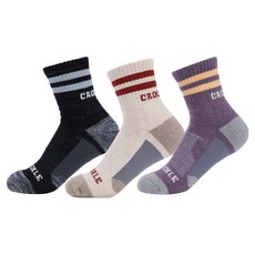 크로커다일 여성용 쿠션 스포츠 중목 등산양말 3족 세트 CD397, 차콜, 오트밀, 퍼플, 1세트