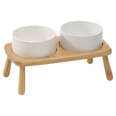 REDPUPPY 寵物竹製陶瓷雙格餐具, 象牙白, 1個