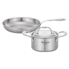 HANIL STAINLESS STEEL 電磁爐用五層Bergen不鏽鋼雙耳鍋 14cm + 平底鍋 26cm 套組, 不鏽鋼, 1套, 雙耳鍋 14cm + 平底鍋 26cm