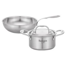 HANIL STAINLESS STEEL 電磁爐用全五層Bergen雙耳鍋具組, 不鏽鋼, 1套, 雙耳鍋 14cm + 中式炒鍋 26cm