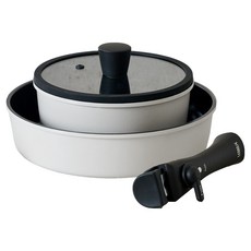 LENANSE Oreo IH 可拆卸手柄鍋具4件組, 淺灰色 + 黑色, 1套, 湯鍋 + 玻璃鍋蓋 + 多功能平底鍋 + 可拆卸多功能手柄