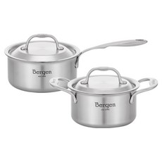 HANIL STAINLESS STEEL 電磁爐適用 全五層 Bergen 雙耳鍋 + 單柄鍋組合, 不鏽鋼, 1套, 雙耳鍋 14cm + 單柄鍋 16cm