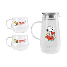 Corelle Brands 康寧餐具 SNAPWARE SNOOPY Watermelon曲線耐熱壺 1400ml + 杯子 400ml 2個, 玻璃色, 1套, 2200ml