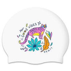 SENTI Kitsch豹紋矽膠泳帽, 白色 + 粉紅色, 1個