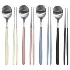 영수산업카멜 스텐 한식 파스텔 샤틴 수저세트, 아이보리, 핑크, 블루, 블랙, 1세트, 숟가락 4p + 젓가락 4p