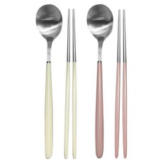 CAMEL 不鏽鋼韓式粉彩緞面餐具組, 象牙白, 粉紅色, 1套, 湯匙 2p + 筷子 2p