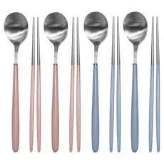 영수산업카멜 스텐 한식 파스텔 샤틴 수저세트, 핑크, 핑크, 블루, 블루, 1세트, 숟가락 4p + 젓가락 4p