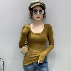 디멜디 여성용 미니멀무드 유넥 슬림라인 긴팔티셔츠