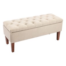 E-home Ugo烏格歐式布面拉扣實木腳收納長凳 GSN027A-nat, 淡米色, 1件