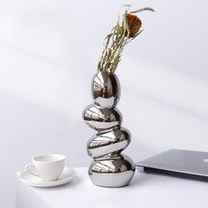 델리리움 북유럽 추상 예술 조각 자갈 모양 화병 + 산모견 세트, 실버