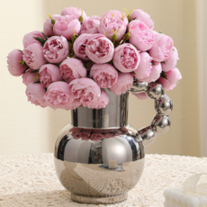 Delirium 現代感性高級室內裝飾花瓶 + 粉紅牡丹花束套組, 銀色