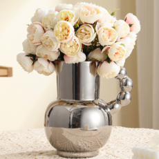 Delirium 現代感性高級室內裝飾花瓶 + 香檳牡丹花束套組, 銀色