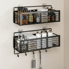 ROI Life 免打孔防鏽壁掛式雙格掛鉤+掛籃組, 黑色, 1套