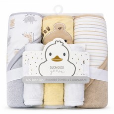 DUCK DUCK goose 新生兒浴包巾小方巾 小方巾 3個 + 浴包巾 3個, 黃小熊 + 英文動物, 1套