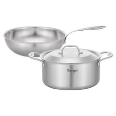 HANIL STAINLESS STEEL 電磁爐用全五層Bergen雙耳鍋 20cm + 宮廷鍋 26cm 套組, 不鏽鋼, 1套, 雙耳鍋 20cm + 宮廷鍋 26cm